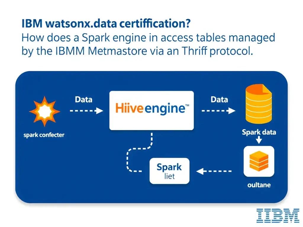 Educational infographic for IBM watsonx.data certification showing 'How does a Spark engine in watsonx.data access tables managed by the IBM Hive Me'. Illustrate the concept of 'Spark connects to the Hive Metastore via the Thrift protocol' with a clean technical diagram, data flow arrows, and labeled components on a dark blue background with IBM styling.