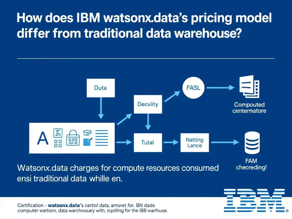 Educational infographic for IBM watsonx.data certification showing 'How does IBM watsonx.data's pricing model differ from traditional data warehouse'. Illustrate the concept of 'watsonx.data charges for compute resources consumed while en' with a clean technical diagram, data flow arrows, and labeled components on a dark blue background with IBM styling.