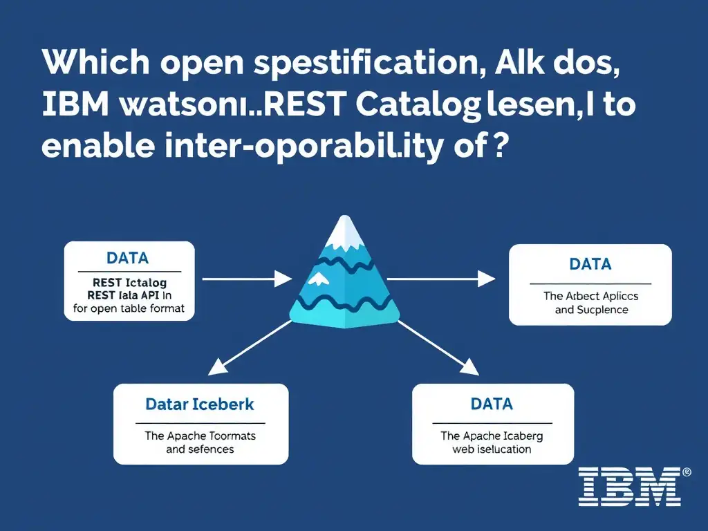 Educational infographic for IBM watsonx.data certification showing 'Which open specification does IBM watsonx.data use to enable interoperability of'. Illustrate the concept of 'The Apache Iceberg REST Catalog API for open table format in' with a clean technical diagram, data flow arrows, and labeled components on a dark blue background with IBM styling.