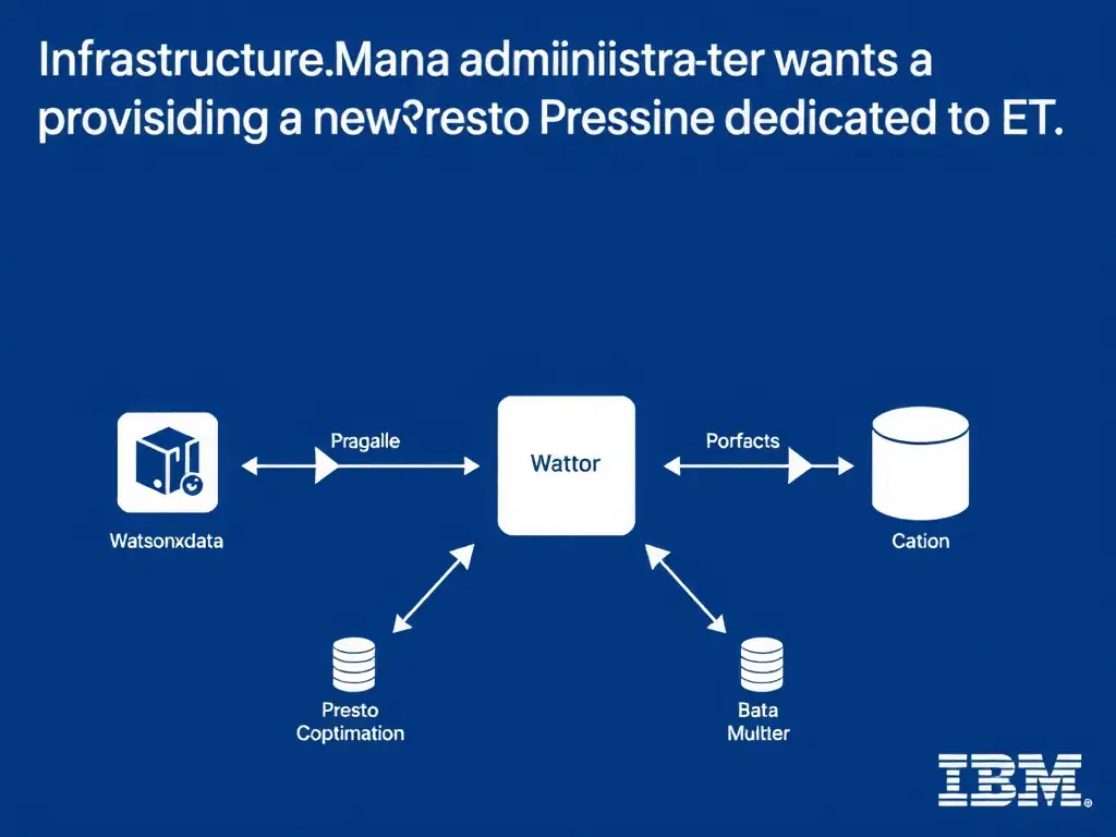 Educational infographic for IBM watsonx.data certification showing 'A watsonx.data administrator wants to add a second Presto engine dedicated to ET'. Illustrate the concept of 'Infrastructure Manager by provisioning a new Presto engine w' with a clean technical diagram, data flow arrows, and labeled components on a dark blue background with IBM styling.