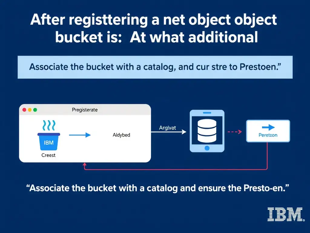 Educational infographic for IBM watsonx.data certification showing 'After registering a new object storage bucket in watsonx.data; what additional s'. Illustrate the concept of 'Associate the bucket with a catalog and ensure the Presto en' with a clean technical diagram, data flow arrows, and labeled components on a dark blue background with IBM styling.