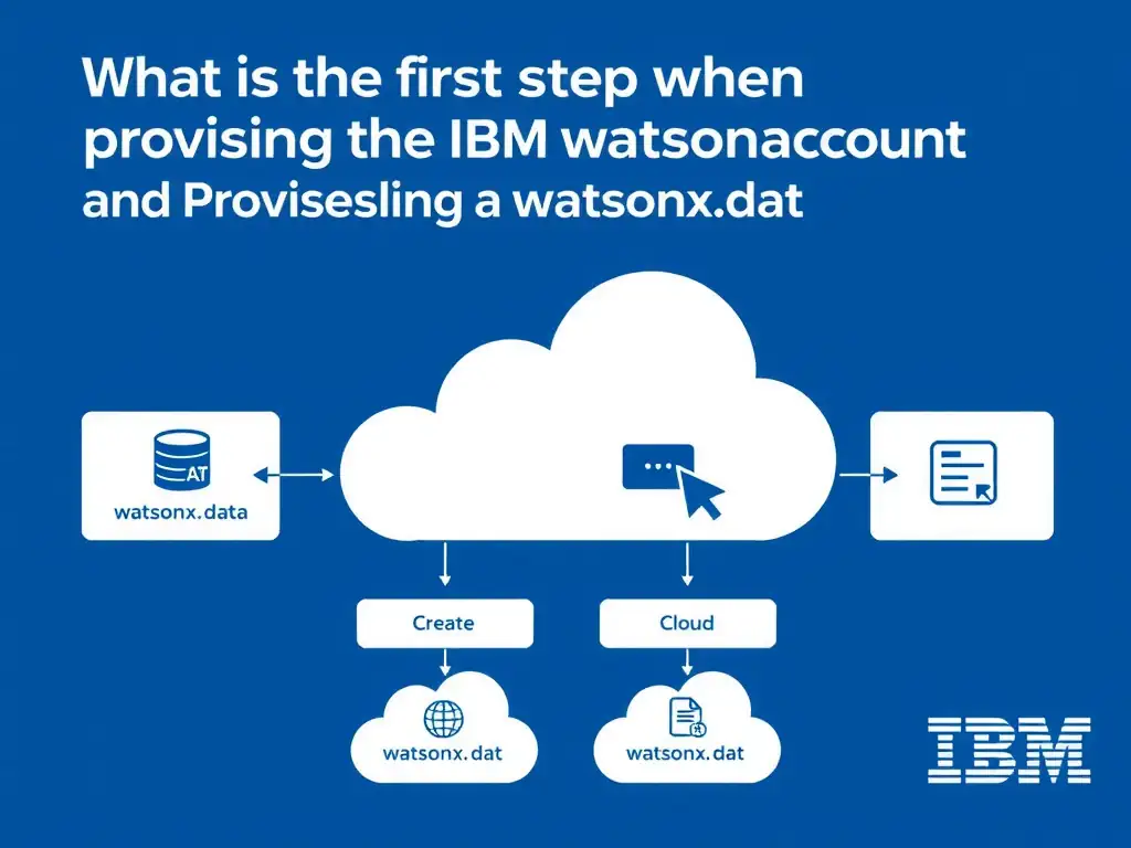 Educational infographic for IBM watsonx.data certification showing 'What is the first step when provisioning IBM watsonx.data on IBM Cloud'. Illustrate the concept of 'Creating an IBM Cloud account and provisioning a watsonx.dat' with a clean technical diagram, data flow arrows, and labeled components on a dark blue background with IBM styling.