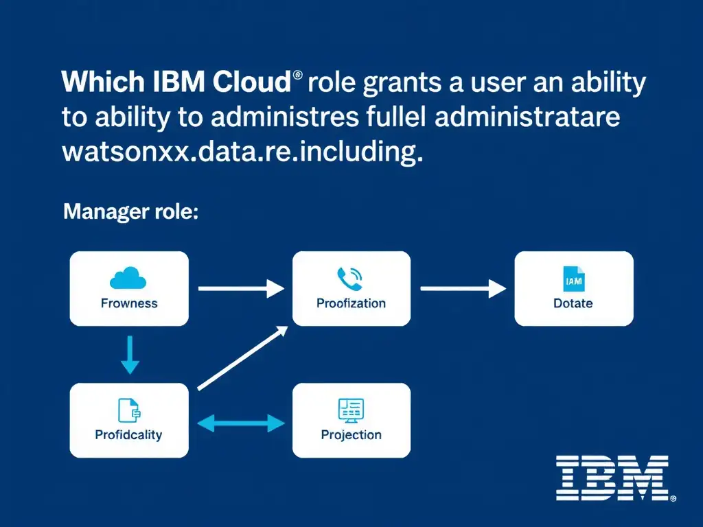 Educational infographic for IBM watsonx.data certification showing 'Which IBM Cloud IAM role grants a user the ability to administer watsonx.data re'. Illustrate the concept of 'Manager role — provides full administrative access including' with a clean technical diagram, data flow arrows, and labeled components on a dark blue background with IBM styling.