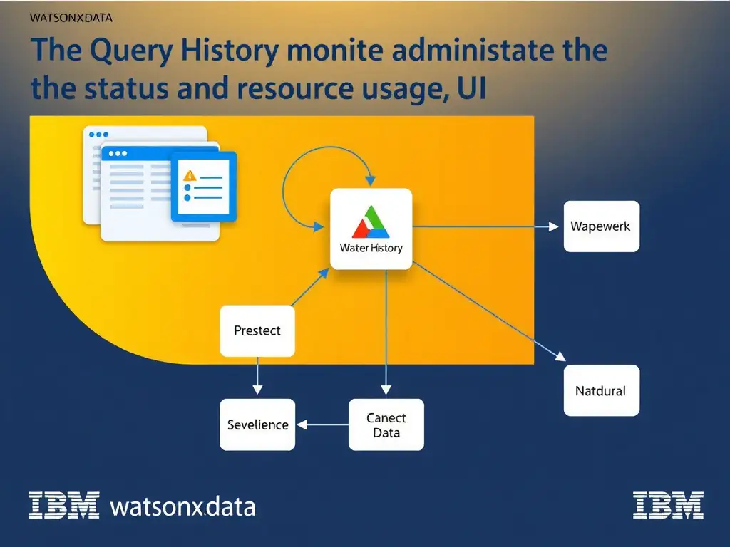 Educational infographic for IBM watsonx.data certification showing 'Where in watsonx.data can an administrator monitor the status and resource usage'. Illustrate the concept of 'The Query History or Presto query monitoring UI within the w' with a clean technical diagram, data flow arrows, and labeled components on a dark blue background with IBM styling.