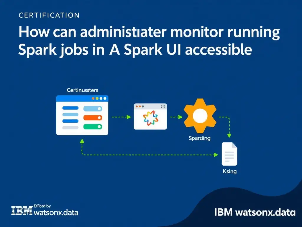 Educational infographic for IBM watsonx.data certification showing 'How can administrators monitor running Spark jobs in IBM watsonx.data'. Illustrate the concept of 'Through the Spark History Server or the Spark UI accessible ' with a clean technical diagram, data flow arrows, and labeled components on a dark blue background with IBM styling.