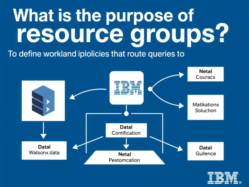 Educational infographic for IBM watsonx.data certification showing 'What is the purpose of resource groups in IBM watsonx.data'. Illustrate the concept of 'To define workload isolation policies that route queries to ' with a clean technical diagram, data flow arrows, and labeled components on a dark blue background with IBM styling.