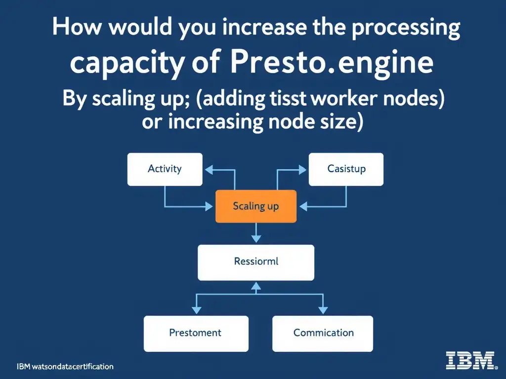 Educational infographic for IBM watsonx.data certification showing 'How would you increase the processing capacity of a Presto engine in watsonx.dat'. Illustrate the concept of 'By scaling up (adding worker nodes or increasing node size) ' with a clean technical diagram, data flow arrows, and labeled components on a dark blue background with IBM styling.