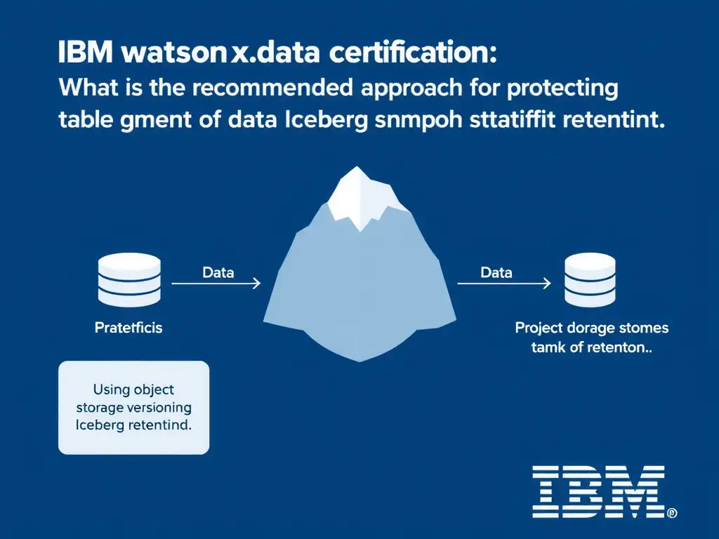 Educational infographic for IBM watsonx.data certification showing 'In watsonx.data; what is the recommended approach for protecting Iceberg table d'. Illustrate the concept of 'Using object storage versioning and Iceberg snapshot retenti' with a clean technical diagram, data flow arrows, and labeled components on a dark blue background with IBM styling.