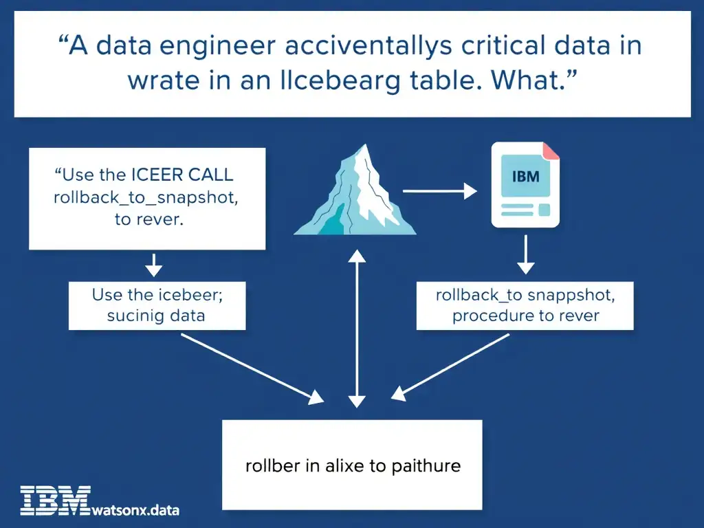 Educational infographic for IBM watsonx.data certification showing 'A data engineer accidentally overwrites critical data in an Iceberg table. What '. Illustrate the concept of 'Use the Iceberg CALL rollbacktosnapshot procedure to rever' with a clean technical diagram, data flow arrows, and labeled components on a dark blue background with IBM styling.