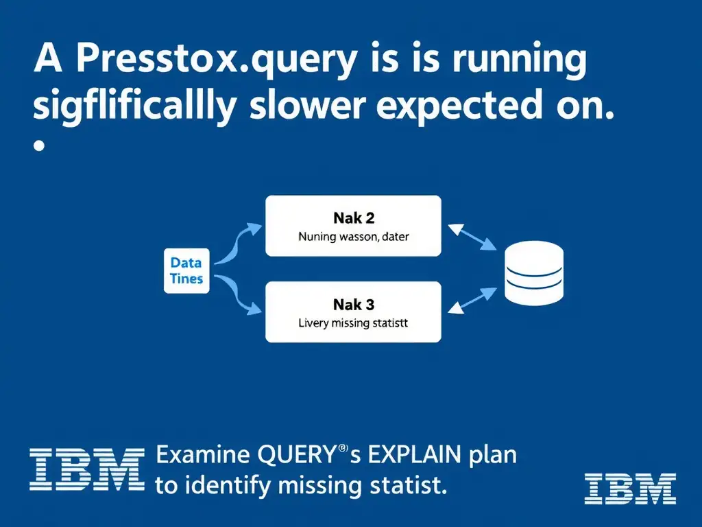 Educational infographic for IBM watsonx.data certification showing 'A Presto query in watsonx.data is running significantly slower than expected on '. Illustrate the concept of 'Examine the query's EXPLAIN plan to identify missing statist' with a clean technical diagram, data flow arrows, and labeled components on a dark blue background with IBM styling.