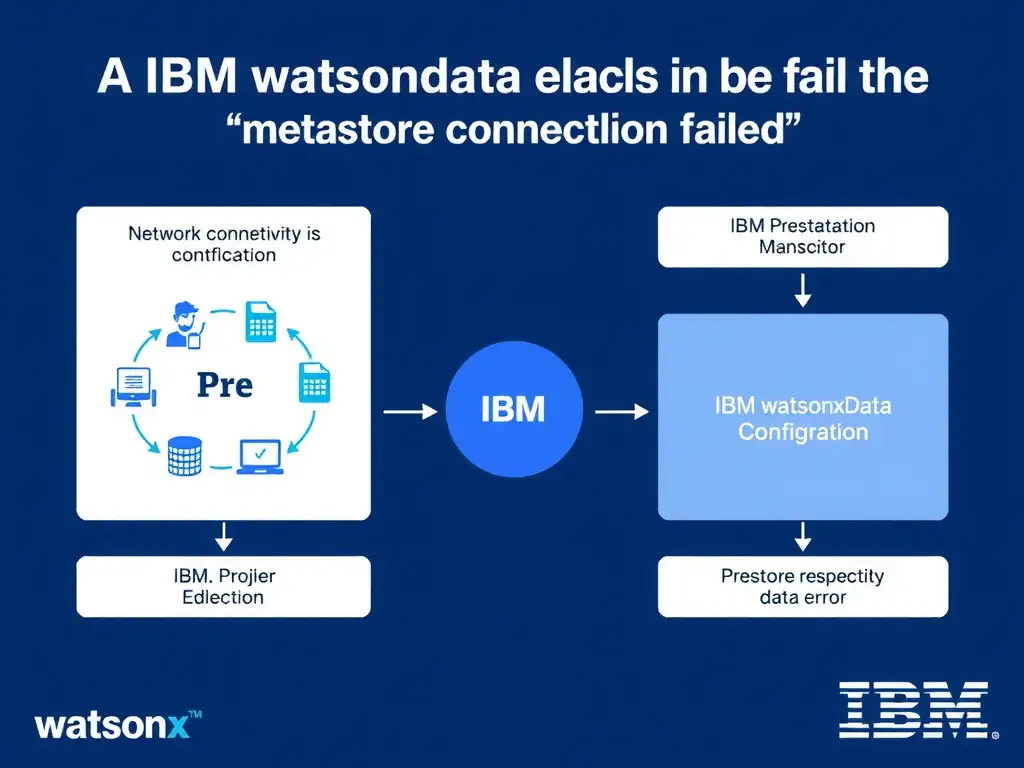 Educational infographic for IBM watsonx.data certification showing 'A Presto engine in watsonx.data fails with 'metastore connection failed' errors'. Illustrate the concept of 'Network connectivity or configuration issues between the Pre' with a clean technical diagram, data flow arrows, and labeled components on a dark blue background with IBM styling.