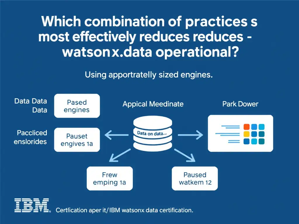 Educational infographic for IBM watsonx.data certification showing 'Which combination of practices most effectively reduces watsonx.data operational'. Illustrate the concept of 'Pausing engines when idle; using appropriately sized engines' with a clean technical diagram, data flow arrows, and labeled components on a dark blue background with IBM styling.