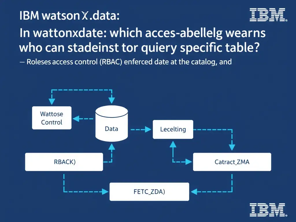 Educational infographic for IBM watsonx.data certification showing 'In watsonx.data; which access control model governs who can query specific table'. Illustrate the concept of 'Role-based access control (RBAC) enforced at the catalog and' with a clean technical diagram, data flow arrows, and labeled components on a dark blue background with IBM styling.