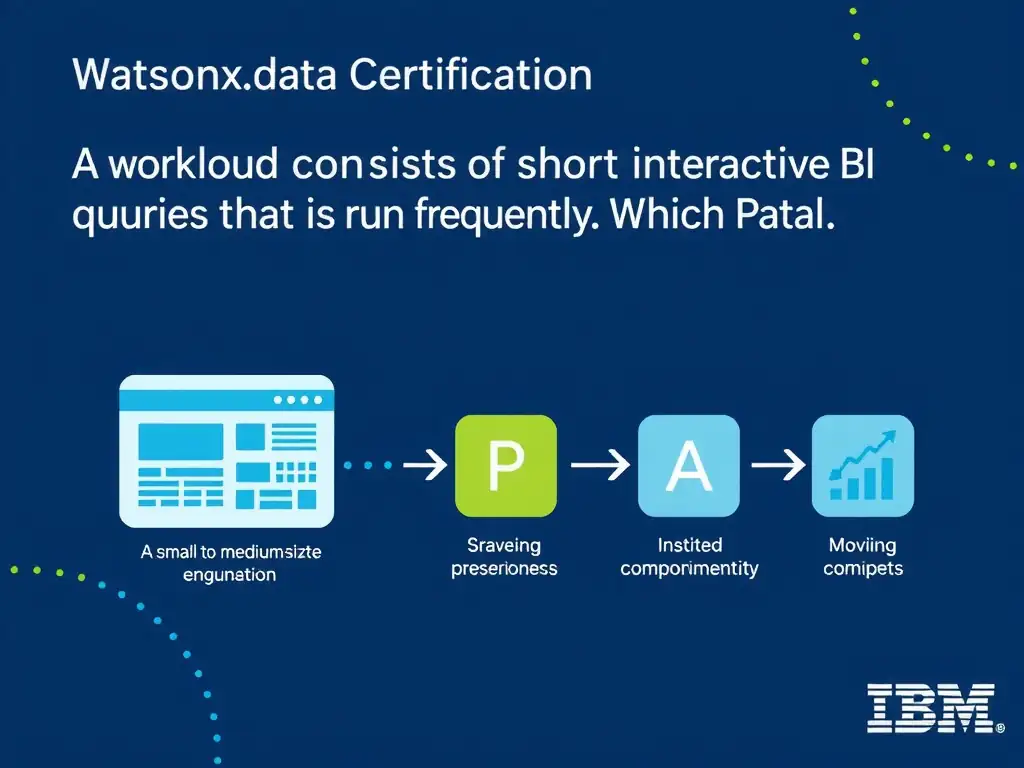 Educational infographic for IBM watsonx.data certification showing 'A workload consists of short interactive BI queries that run frequently. Which P'. Illustrate the concept of 'A small to medium-sized engine that is always-on to minimize' with a clean technical diagram, data flow arrows, and labeled components on a dark blue background with IBM styling.