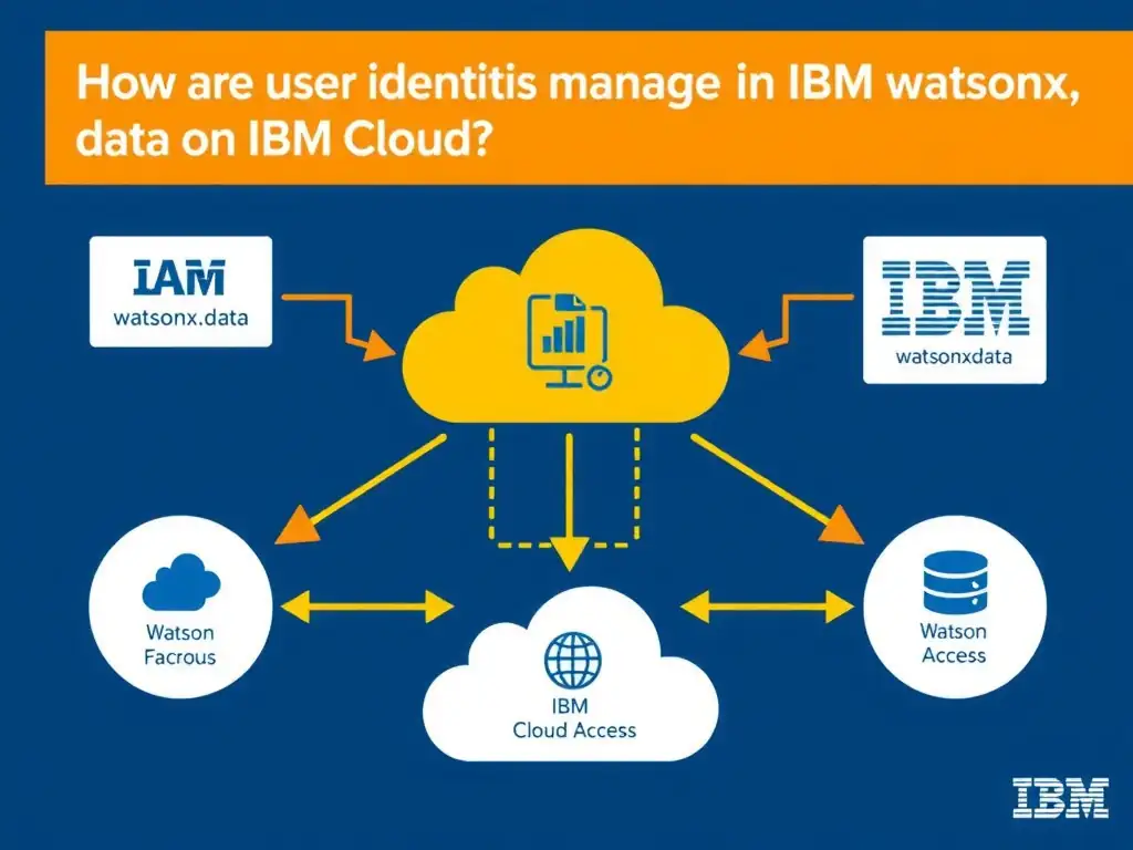 Educational infographic for IBM watsonx.data certification showing 'How are user identities managed in IBM watsonx.data on IBM Cloud'. Illustrate the concept of 'Users are managed through IBM Cloud IAM; watsonx.data access' with a clean technical diagram, data flow arrows, and labeled components on a dark blue background with IBM styling.