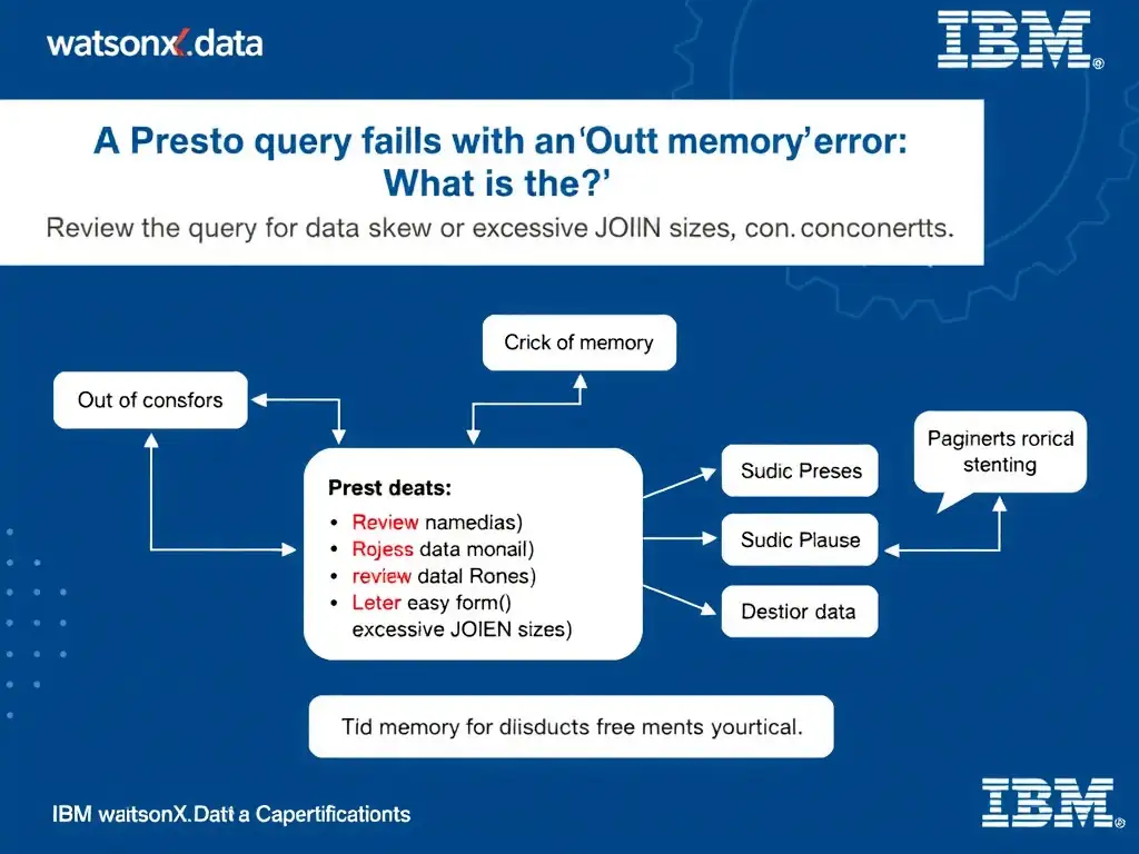 Educational infographic for IBM watsonx.data certification showing 'A Presto query fails with an 'Out of memory' error in watsonx.data. What is the '. Illustrate the concept of 'Review the query for data skew or excessive JOIN sizes; cons' with a clean technical diagram, data flow arrows, and labeled components on a dark blue background with IBM styling.