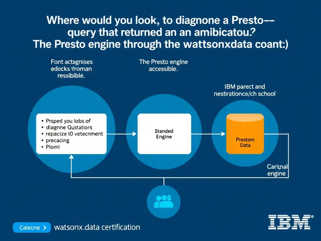 Educational infographic for IBM watsonx.data certification showing 'Where would you look to diagnose a failed Presto query that returned an ambiguou'. Illustrate the concept of 'The Presto engine logs accessible through the watsonx.data c' with a clean technical diagram, data flow arrows, and labeled components on a dark blue background with IBM styling.