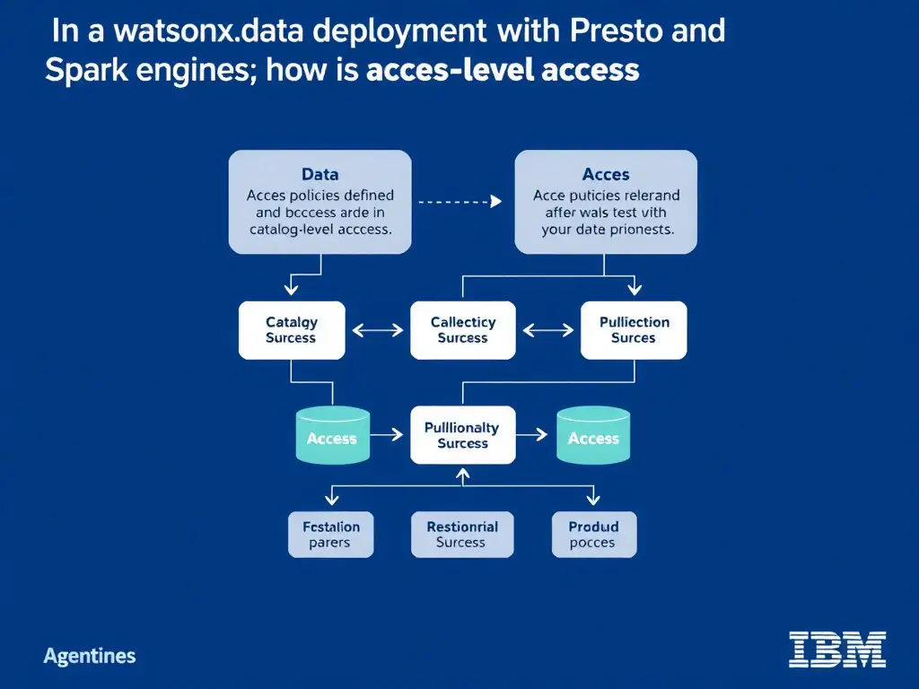 Educational infographic for IBM watsonx.data certification showing 'In a watsonx.data deployment with both Presto and Spark engines; how is access c'. Illustrate the concept of 'Access policies defined in watsonx.data's catalog-level acce' with a clean technical diagram, data flow arrows, and labeled components on a dark blue background with IBM styling.