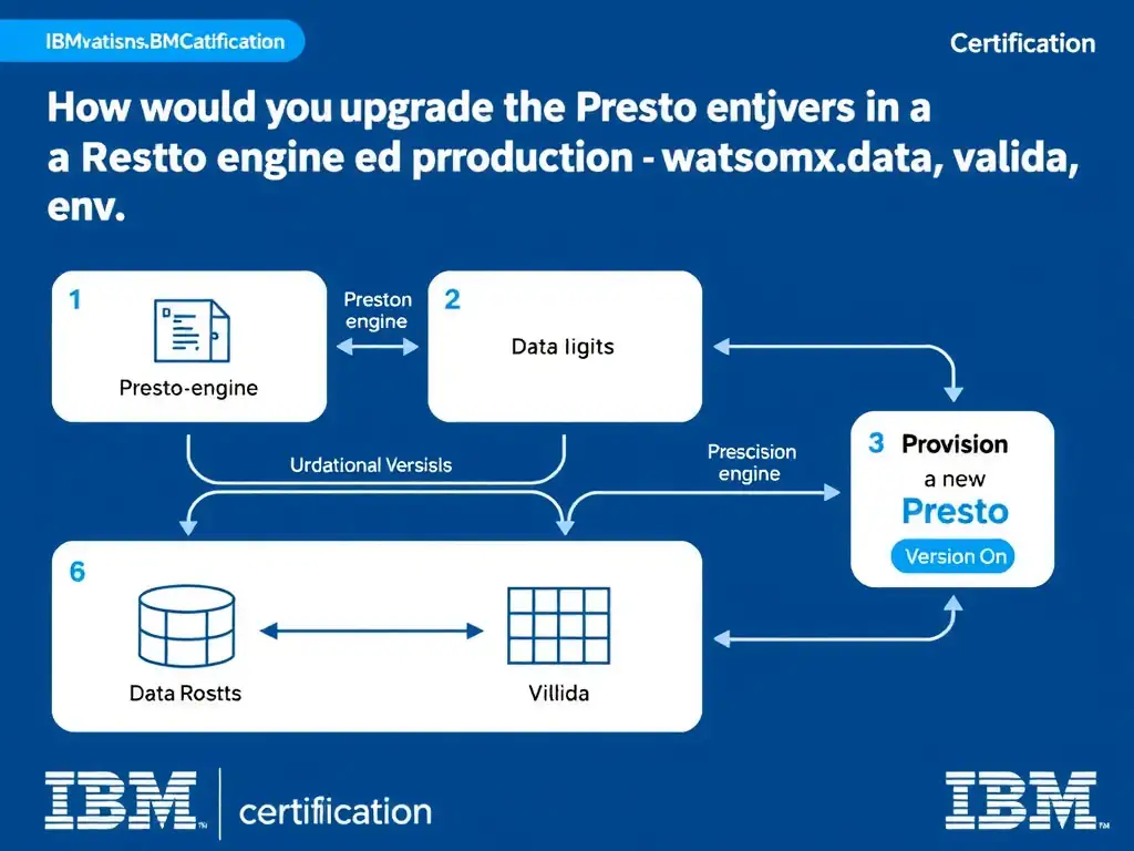 Educational infographic for IBM watsonx.data certification showing 'How would you upgrade the Presto engine version in a production watsonx.data env'. Illustrate the concept of 'Provision a new Presto engine at the updated version; valida' with a clean technical diagram, data flow arrows, and labeled components on a dark blue background with IBM styling.