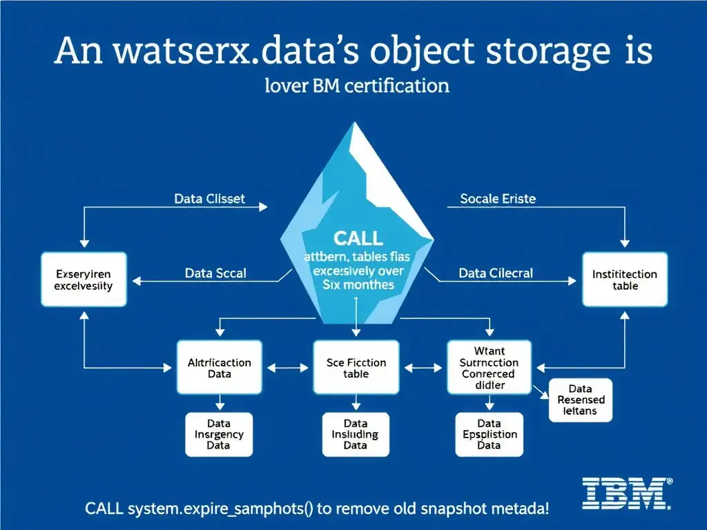 Educational infographic for IBM watsonx.data certification showing 'An Iceberg table's object storage size has grown excessively over six months due'. Illustrate the concept of 'CALL system.expiresnapshots() to remove old snapshot metada' with a clean technical diagram, data flow arrows, and labeled components on a dark blue background with IBM styling.
