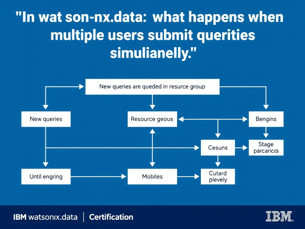 Educational infographic for IBM watsonx.data certification showing 'In watsonx.data; what happens when multiple users submit queries simultaneously '. Illustrate the concept of 'New queries are queued in a resource group queue until engin' with a clean technical diagram, data flow arrows, and labeled components on a dark blue background with IBM styling.