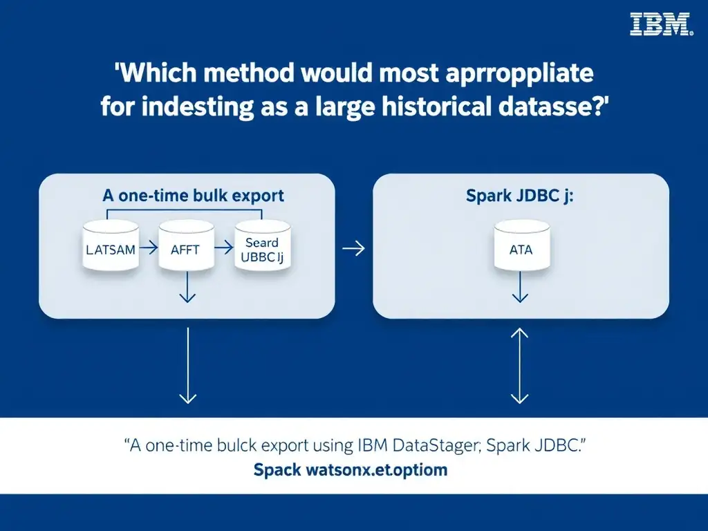 Educational infographic for IBM watsonx.data certification showing 'Which method would be most appropriate for ingesting a large historical dataset '. Illustrate the concept of 'A one-time bulk export using IBM DataStage or a Spark JDBC j' with a clean technical diagram, data flow arrows, and labeled components on a dark blue background with IBM styling.