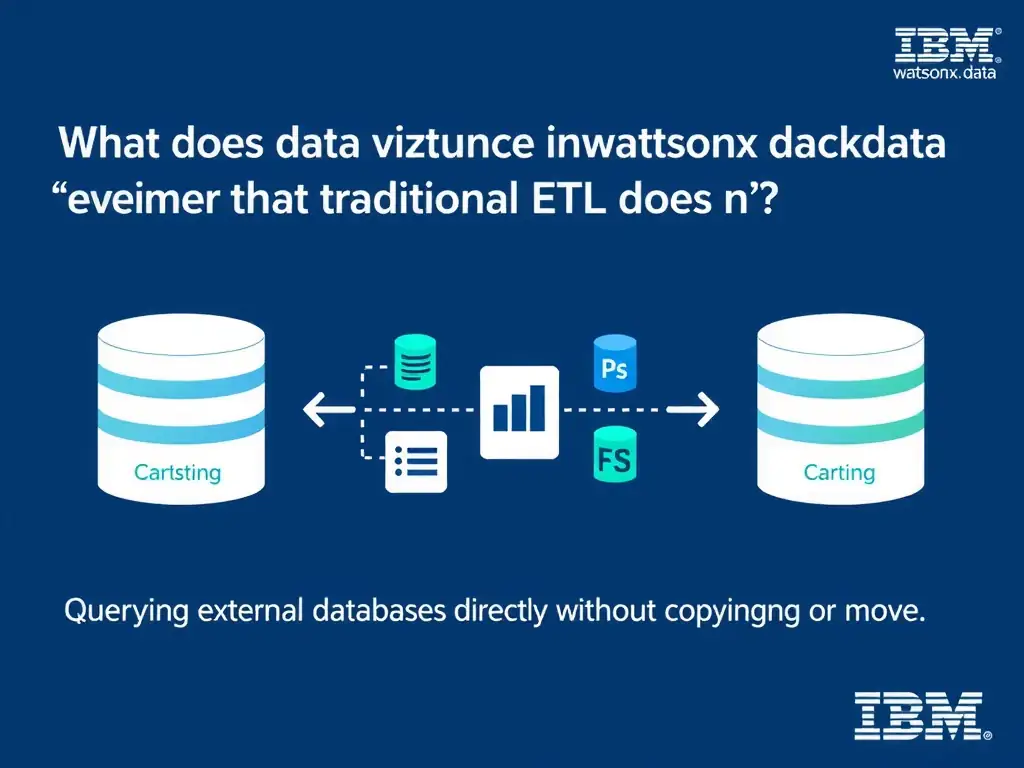 Educational infographic for IBM watsonx.data certification showing 'What does data virtualization in watsonx.data enable that traditional ETL does n'. Illustrate the concept of 'Querying external databases directly without copying or movi' with a clean technical diagram, data flow arrows, and labeled components on a dark blue background with IBM styling.