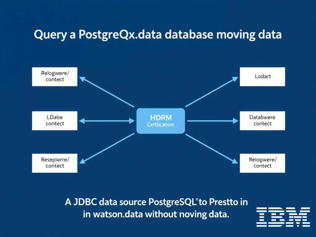 Educational infographic for IBM watsonx.data certification showing 'To query a PostgreSQL database from Presto in watsonx.data without moving data; '. Illustrate the concept of 'A JDBC data source connection registered in watsonx.data poi' with a clean technical diagram, data flow arrows, and labeled components on a dark blue background with IBM styling.