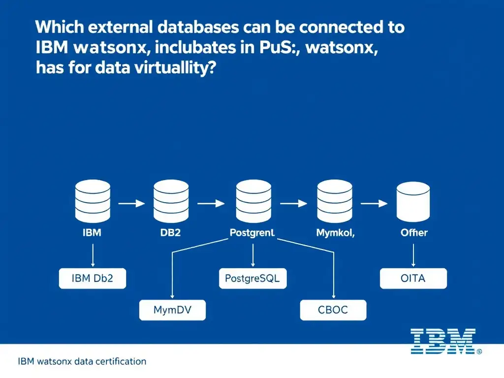 Educational infographic for IBM watsonx.data certification showing 'Which external databases can be connected to IBM watsonx.data for data virtualiz'. Illustrate the concept of 'A range of databases including IBM Db2; PostgreSQL; MySQL; O' with a clean technical diagram, data flow arrows, and labeled components on a dark blue background with IBM styling.