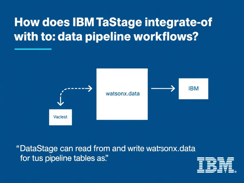 Educational infographic for IBM watsonx.data certification showing 'How does IBM DataStage integrate with watsonx.data for data pipeline workflows'. Illustrate the concept of 'DataStage can read from and write to watsonx.data tables as ' with a clean technical diagram, data flow arrows, and labeled components on a dark blue background with IBM styling.