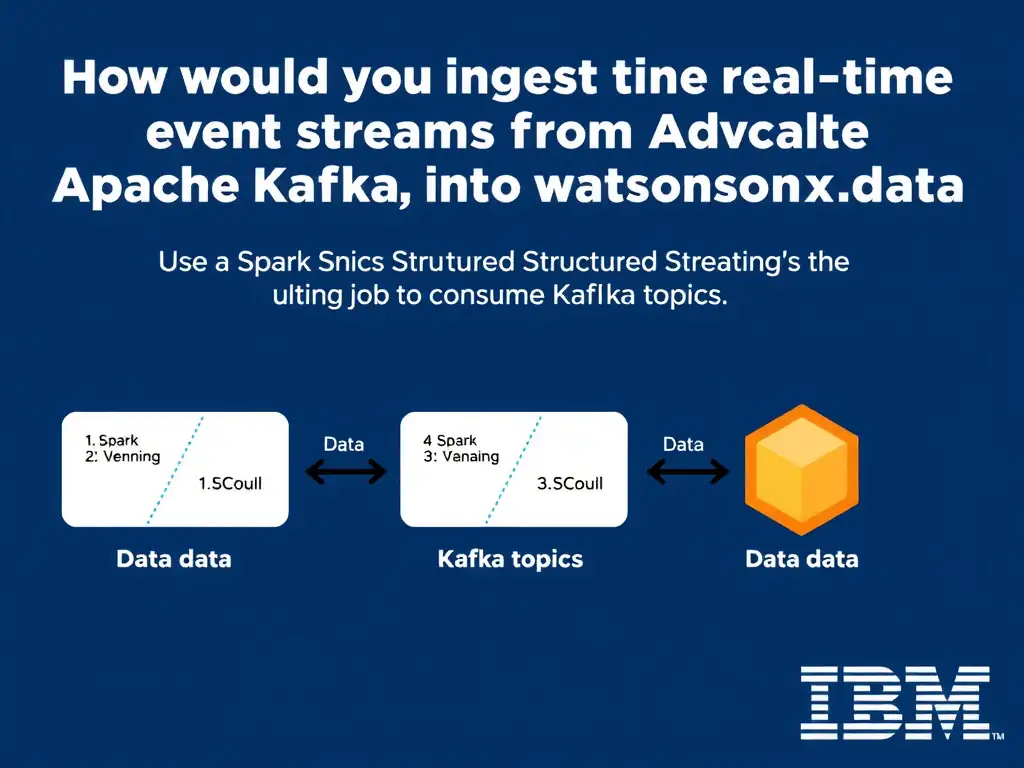 Educational infographic for IBM watsonx.data certification showing 'How would you ingest real-time event streams from Apache Kafka into watsonx.data'. Illustrate the concept of 'Use a Spark Structured Streaming job to consume Kafka topics' with a clean technical diagram, data flow arrows, and labeled components on a dark blue background with IBM styling.
