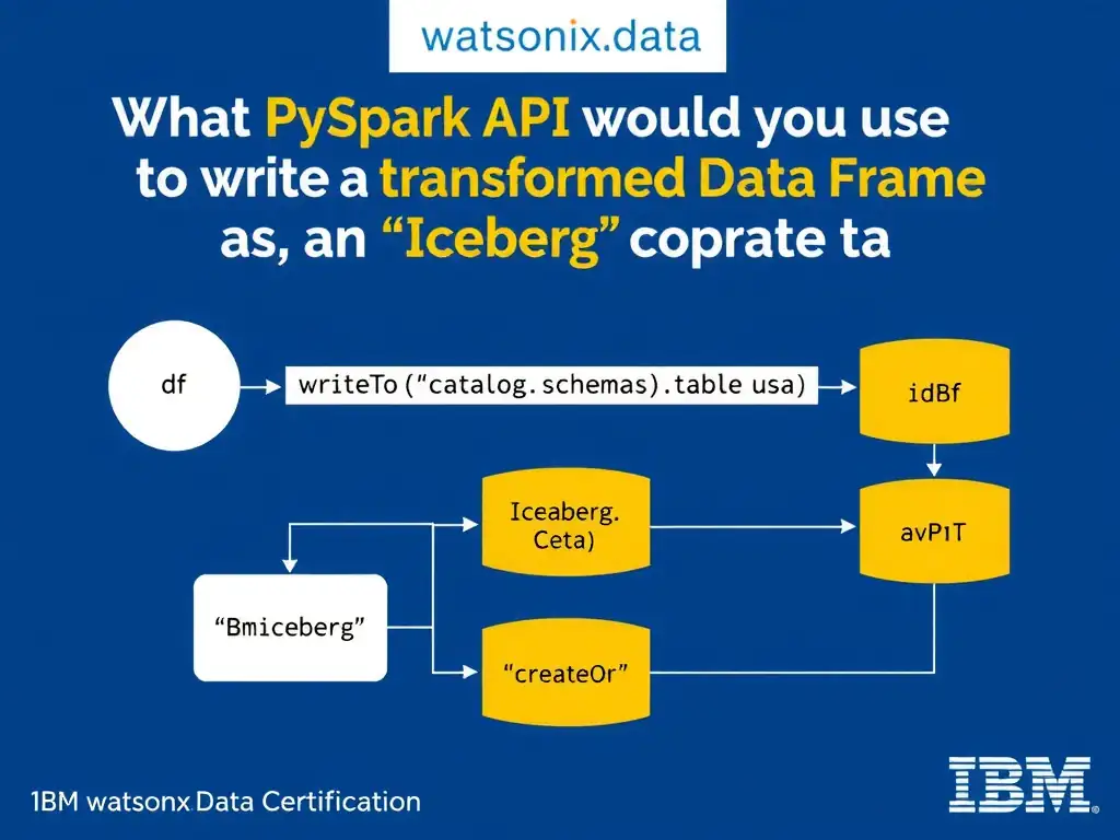 Educational infographic for IBM watsonx.data certification showing 'What PySpark API would you use to write a transformed DataFrame as an Iceberg ta'. Illustrate the concept of 'df.writeTo('catalog.schema.table').using('iceberg').createOr' with a clean technical diagram, data flow arrows, and labeled components on a dark blue background with IBM styling.