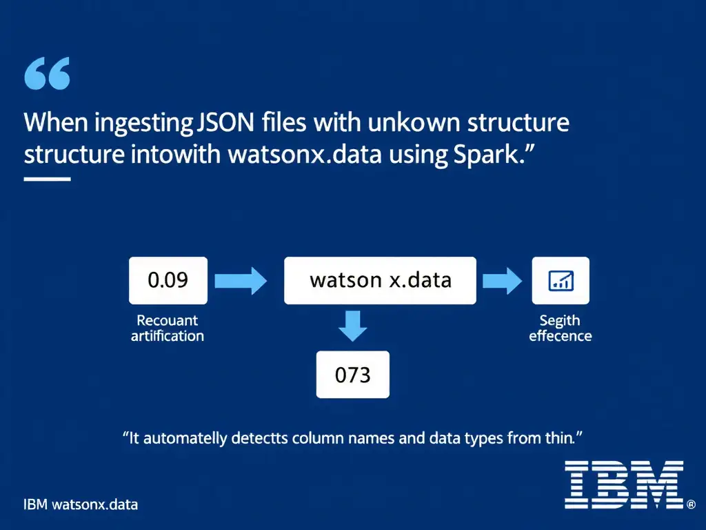 Educational infographic for IBM watsonx.data certification showing 'When ingesting JSON files with unknown structure into watsonx.data using Spark; '. Illustrate the concept of 'It automatically detects column names and data types from th' with a clean technical diagram, data flow arrows, and labeled components on a dark blue background with IBM styling.