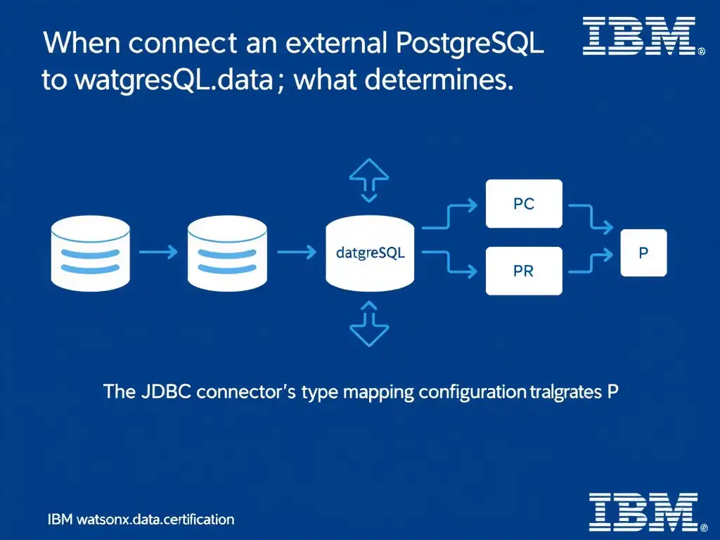 Educational infographic for IBM watsonx.data certification showing 'When connecting an external PostgreSQL database to watsonx.data; what determines'. Illustrate the concept of 'The JDBC connector's type mapping configuration translates P' with a clean technical diagram, data flow arrows, and labeled components on a dark blue background with IBM styling.