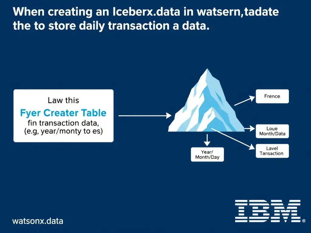 Educational infographic for IBM watsonx.data certification showing 'When creating an Iceberg table in watsonx.data to store daily transaction data; '. Illustrate the concept of 'Partition by the transaction date (e.g. year/month/day) to e' with a clean technical diagram, data flow arrows, and labeled components on a dark blue background with IBM styling.