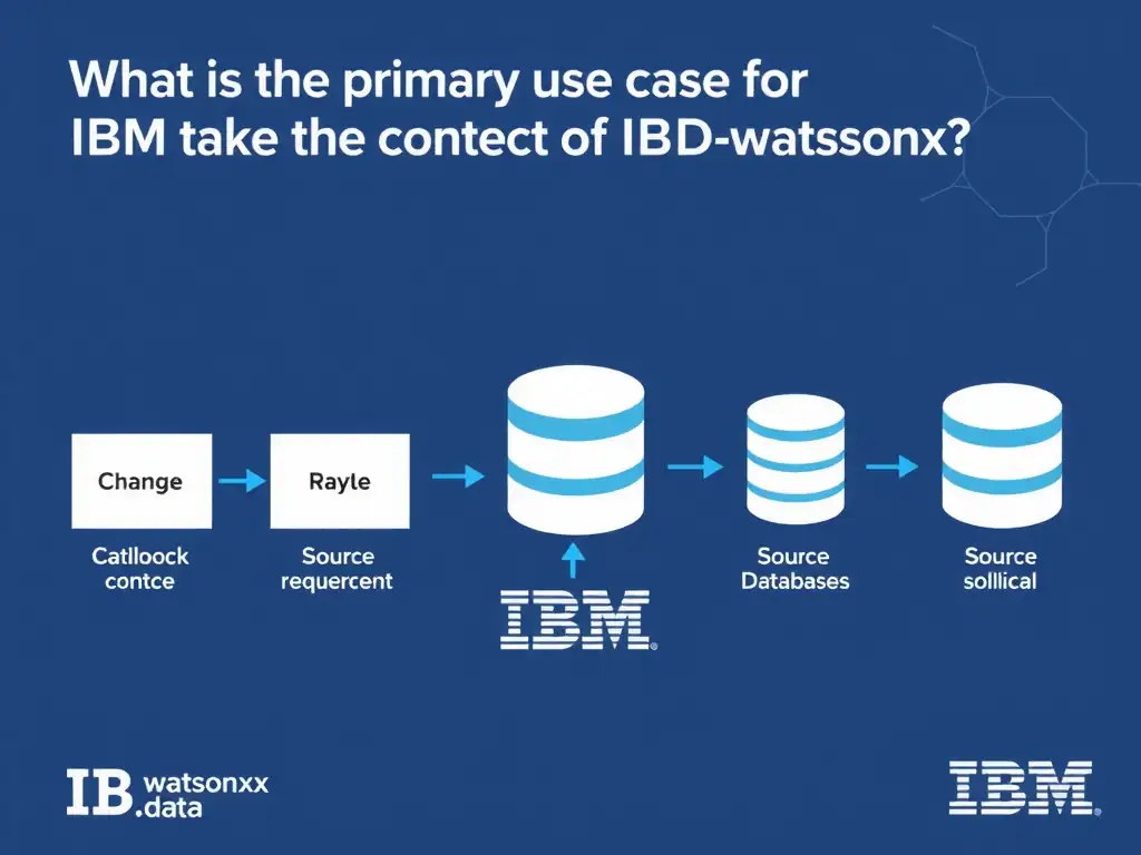 Educational infographic for IBM watsonx.data certification showing 'What is the primary use case for IBM Data Replication in the context of watsonx'. Illustrate the concept of 'Capturing change data (CDC) from source databases and replic' with a clean technical diagram, data flow arrows, and labeled components on a dark blue background with IBM styling.