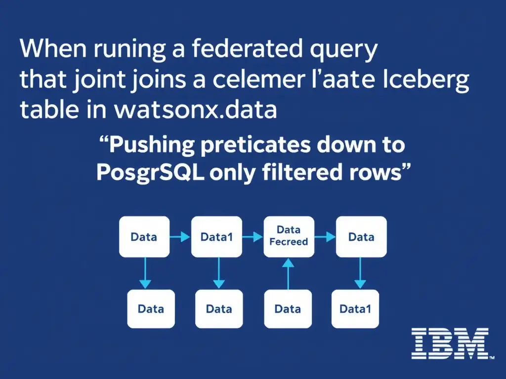 Educational infographic for IBM watsonx.data certification showing 'When running a federated query that joins a large Iceberg table in watsonx.data '. Illustrate the concept of 'Pushing predicates down to PostgreSQL so only filtered rows ' with a clean technical diagram, data flow arrows, and labeled components on a dark blue background with IBM styling.