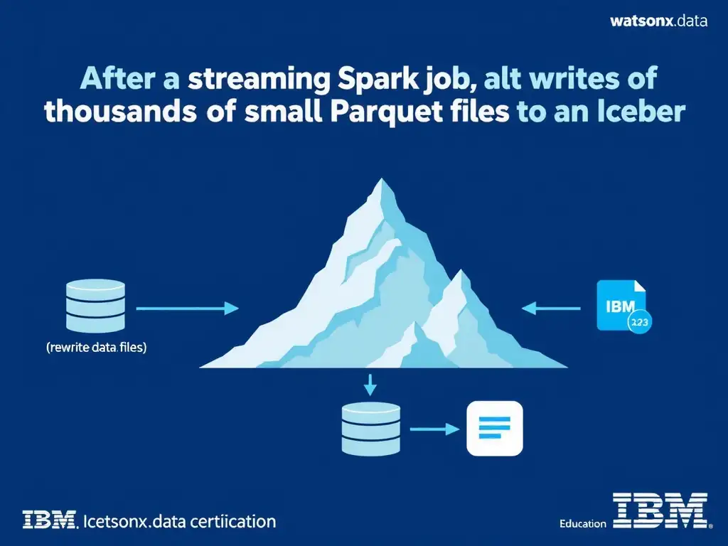 Educational infographic for IBM watsonx.data certification showing 'After a streaming Spark job writes thousands of small Parquet files to an Iceber'. Illustrate the concept of 'Iceberg compaction (rewritedatafiles) to merge small files' with a clean technical diagram, data flow arrows, and labeled components on a dark blue background with IBM styling.