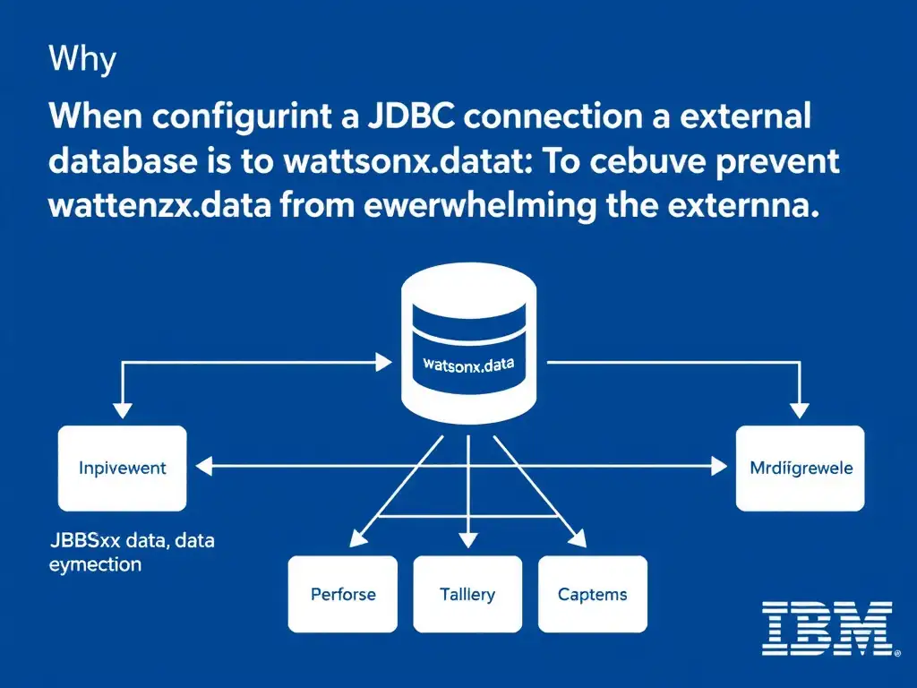 Educational infographic for IBM watsonx.data certification showing 'When configuring a JDBC connection to an external database in watsonx.data; why '. Illustrate the concept of 'To prevent watsonx.data Presto from overwhelming the externa' with a clean technical diagram, data flow arrows, and labeled components on a dark blue background with IBM styling.