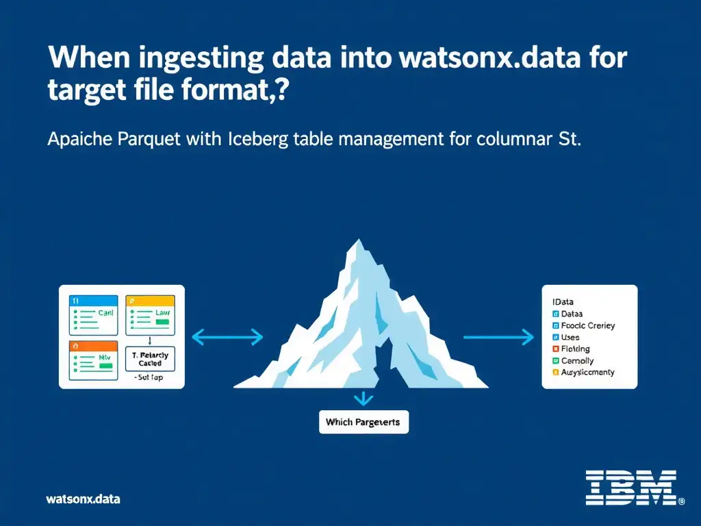 Educational infographic for IBM watsonx.data certification showing 'When ingesting data into watsonx.data for analytics; which target file format is'. Illustrate the concept of 'Apache Parquet with Iceberg table management for columnar st' with a clean technical diagram, data flow arrows, and labeled components on a dark blue background with IBM styling.