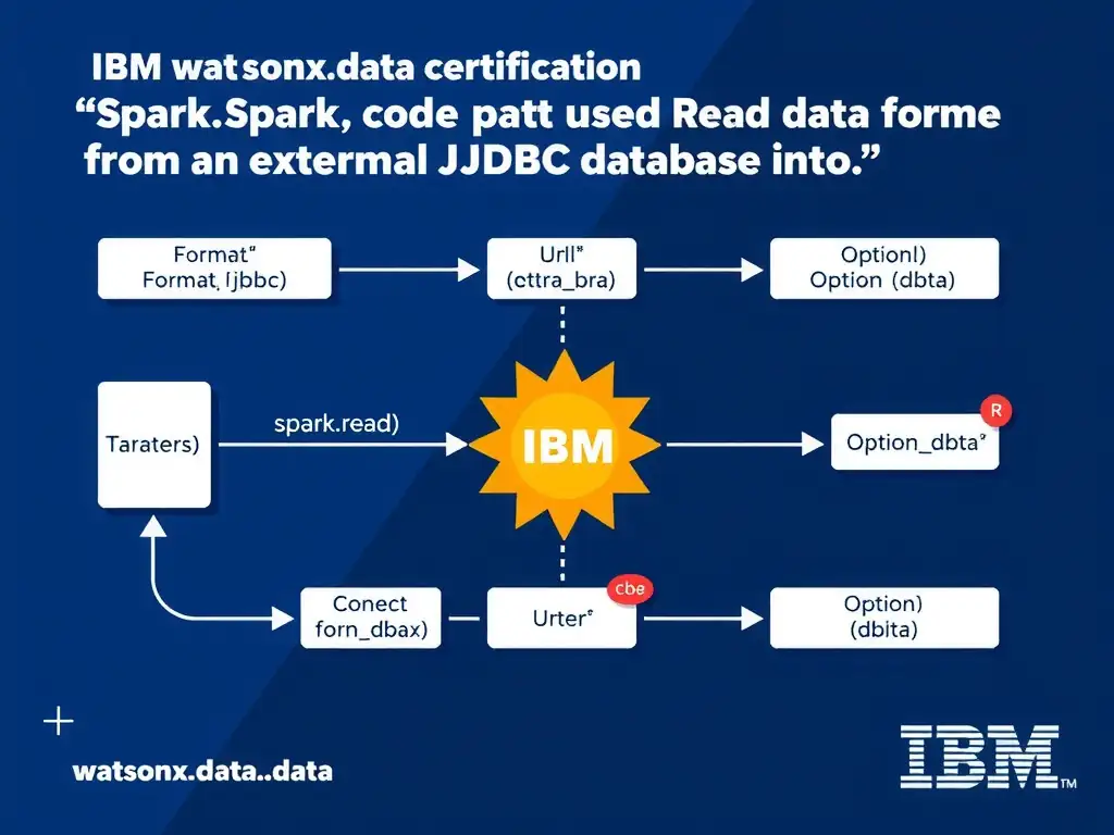 Educational infographic for IBM watsonx.data certification showing 'What Spark code pattern is used to read data from an external JDBC database into'. Illustrate the concept of 'spark.read.format('jdbc').option('url', dburl).option('dbta' with a clean technical diagram, data flow arrows, and labeled components on a dark blue background with IBM styling.