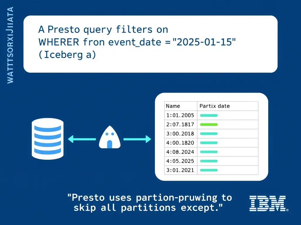 Educational infographic for IBM watsonx.data certification showing 'A Presto query filters on WHERE eventdate = '2025-01-15' on an Iceberg table pa'. Illustrate the concept of 'Presto uses partition pruning to skip all partitions except ' with a clean technical diagram, data flow arrows, and labeled components on a dark blue background with IBM styling.