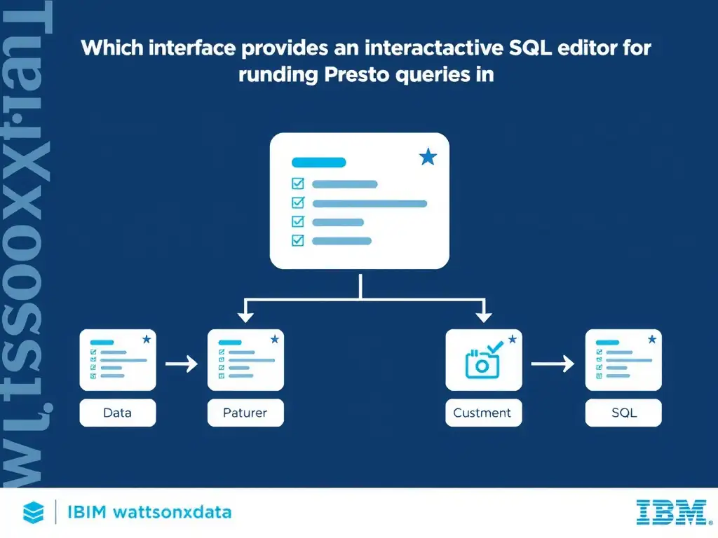 Educational infographic for IBM watsonx.data certification showing 'Which interface provides an interactive SQL editor for running Presto queries in'. Illustrate the concept of 'The SQL Query Workspace within the watsonx.data UI' with a clean technical diagram, data flow arrows, and labeled components on a dark blue background with IBM styling.