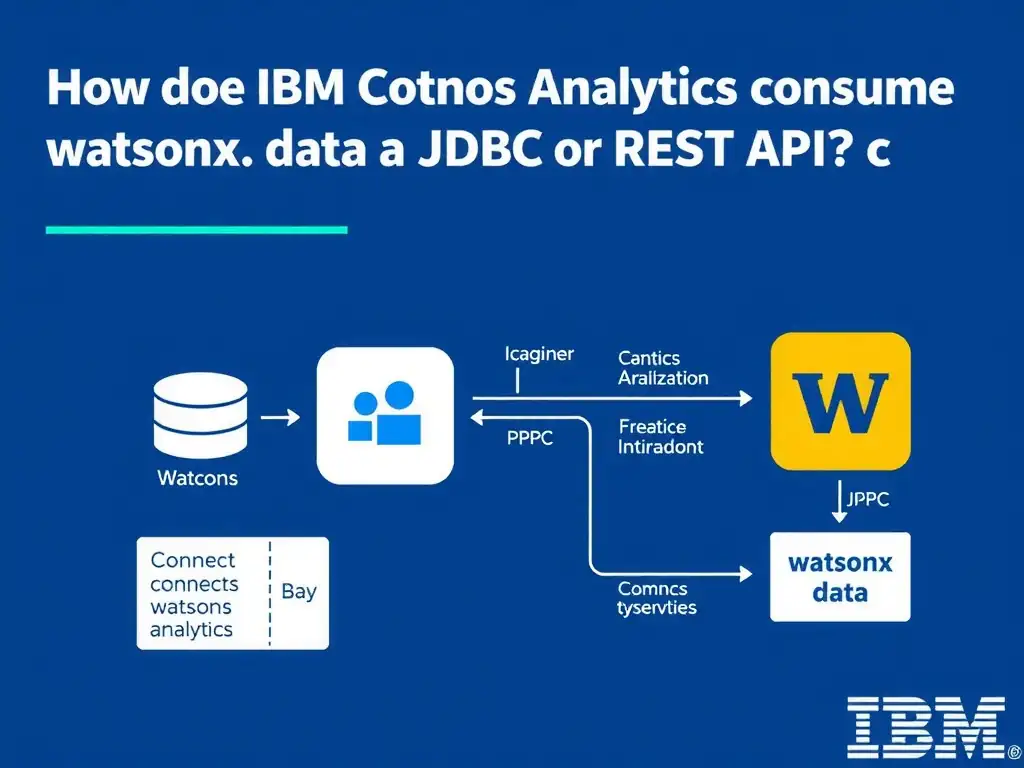Educational infographic for IBM watsonx.data certification showing 'How does IBM Cognos Analytics consume data from watsonx.data'. Illustrate the concept of 'Cognos connects to watsonx.data through a JDBC or REST API c' with a clean technical diagram, data flow arrows, and labeled components on a dark blue background with IBM styling.
