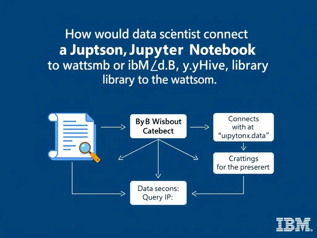 Educational infographic for IBM watsonx.data certification showing 'How would a data scientist connect a Jupyter Notebook to watsonx.data to query I'. Illustrate the concept of 'By connecting via the ibmdb or PyHive library to the watson' with a clean technical diagram, data flow arrows, and labeled components on a dark blue background with IBM styling.