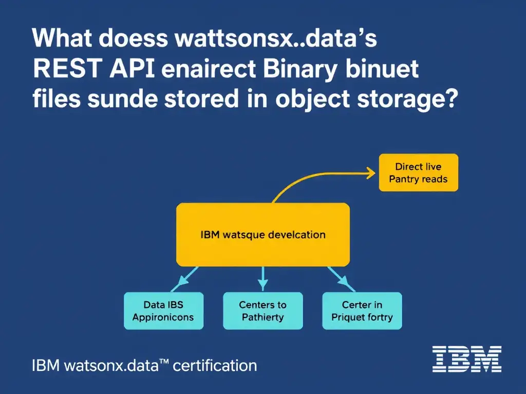 Educational infographic for IBM watsonx.data certification showing 'What does watsonx.data's REST API enable for application developers'. Illustrate the concept of 'Direct binary reads of Parquet files stored in object storag' with a clean technical diagram, data flow arrows, and labeled components on a dark blue background with IBM styling.