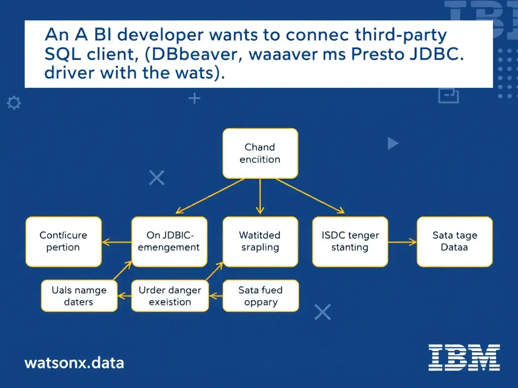 Educational infographic for IBM watsonx.data certification showing 'A BI developer wants to connect a third-party SQL client (DBeaver) to watsonx.da'. Illustrate the concept of 'Configure DBeaver using the Presto JDBC driver with the wats' with a clean technical diagram, data flow arrows, and labeled components on a dark blue background with IBM styling.