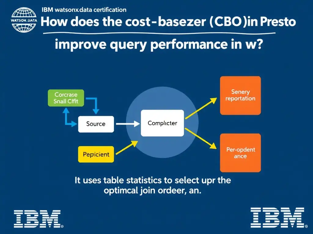 Educational infographic for IBM watsonx.data certification showing 'How does the cost-based optimizer (CBO) in Presto improve query performance in w'. Illustrate the concept of 'It uses table statistics to select the optimal join order an' with a clean technical diagram, data flow arrows, and labeled components on a dark blue background with IBM styling.