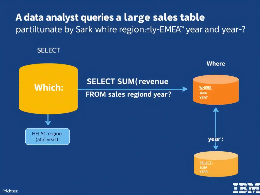 Educational infographic for IBM watsonx.data certification showing 'A data analyst queries a large sales table partitioned by region and year. Which'. Illustrate the concept of 'SELECT SUM(revenue) FROM sales WHERE region='EMEA' AND year=' with a clean technical diagram, data flow arrows, and labeled components on a dark blue background with IBM styling.
