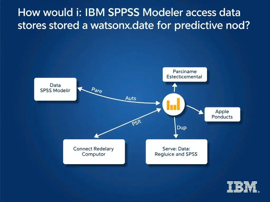 Educational infographic for IBM watsonx.data certification showing 'How would IBM SPSS Modeler access data stored in watsonx.data for predictive mod'. Illustrate the concept of 'SPSS Modeler connects to watsonx.data through a database nod' with a clean technical diagram, data flow arrows, and labeled components on a dark blue background with IBM styling.